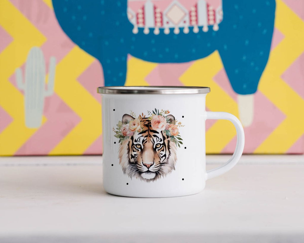 Emaille Tasse Tiger mit Blumen - von Mikalino