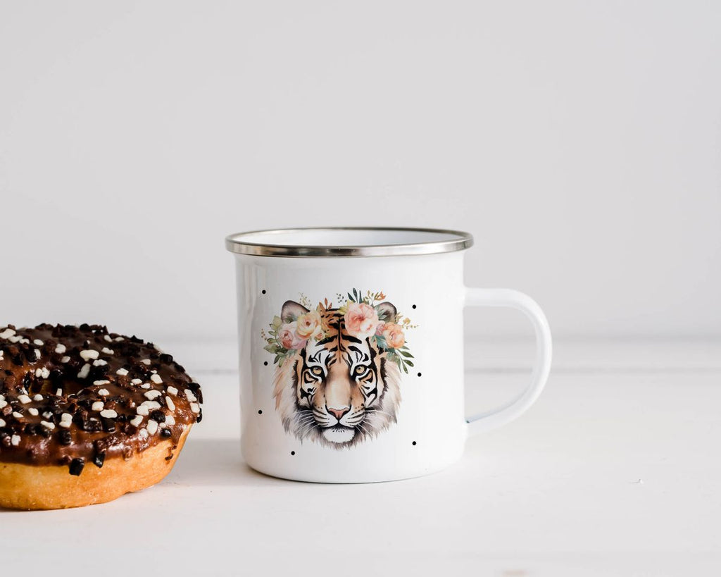 Emaille Tasse Tiger mit Blumen - von Mikalino