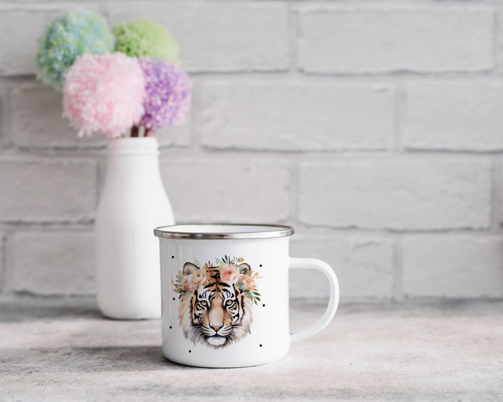 Emaille Tasse Tiger mit Blumen - von Mikalino