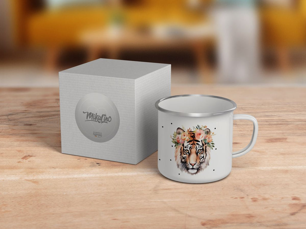 Emaille Tasse Tiger mit Blumen - von Mikalino