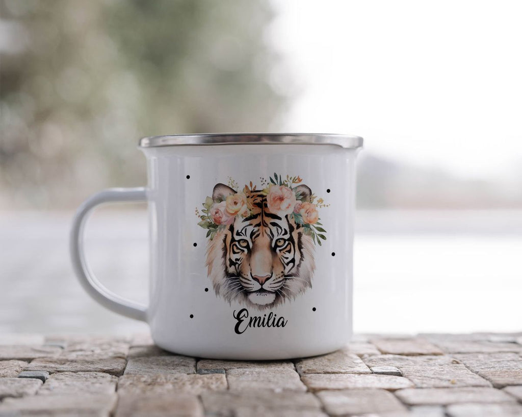 Emaille Tasse Tiger mit Blumen - von Mikalino