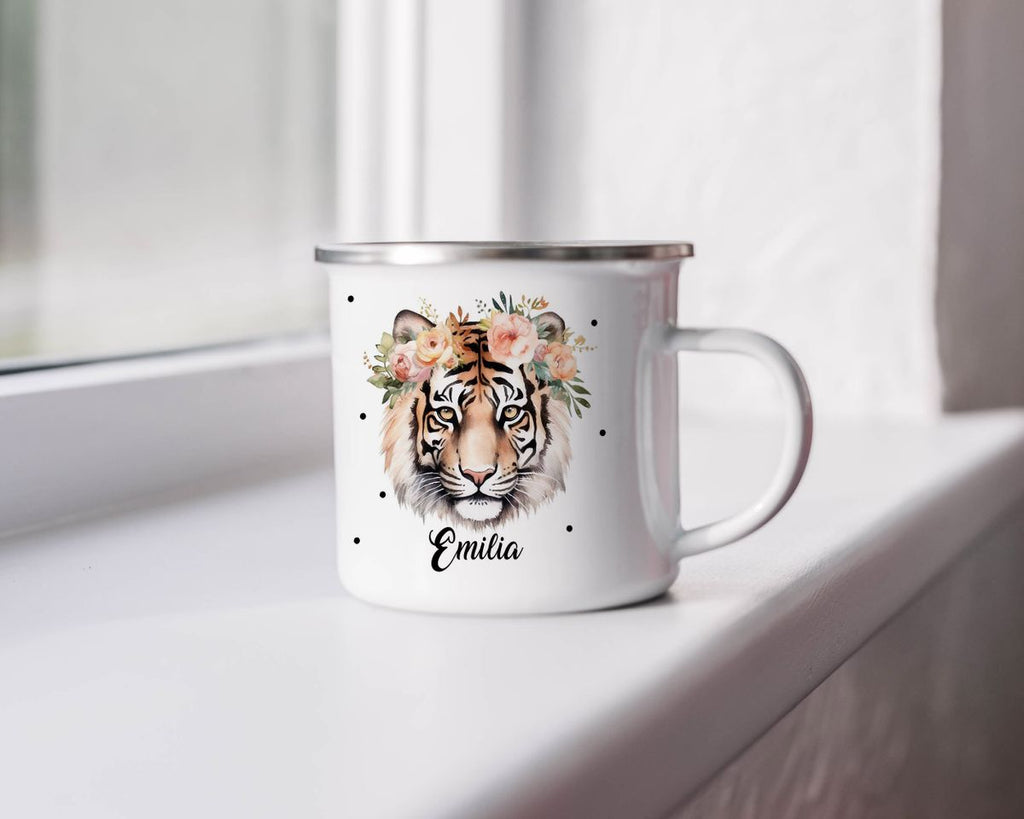 Emaille Tasse Tiger mit Blumen - von Mikalino