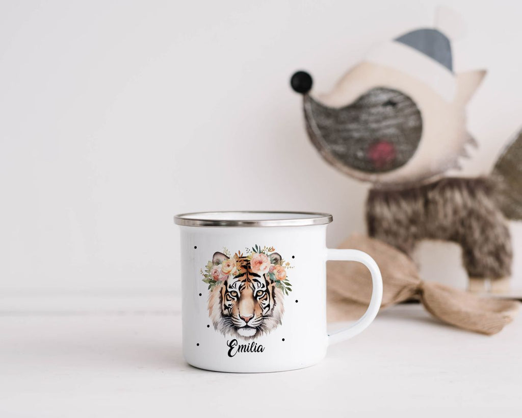 Emaille Tasse Tiger mit Blumen - von Mikalino