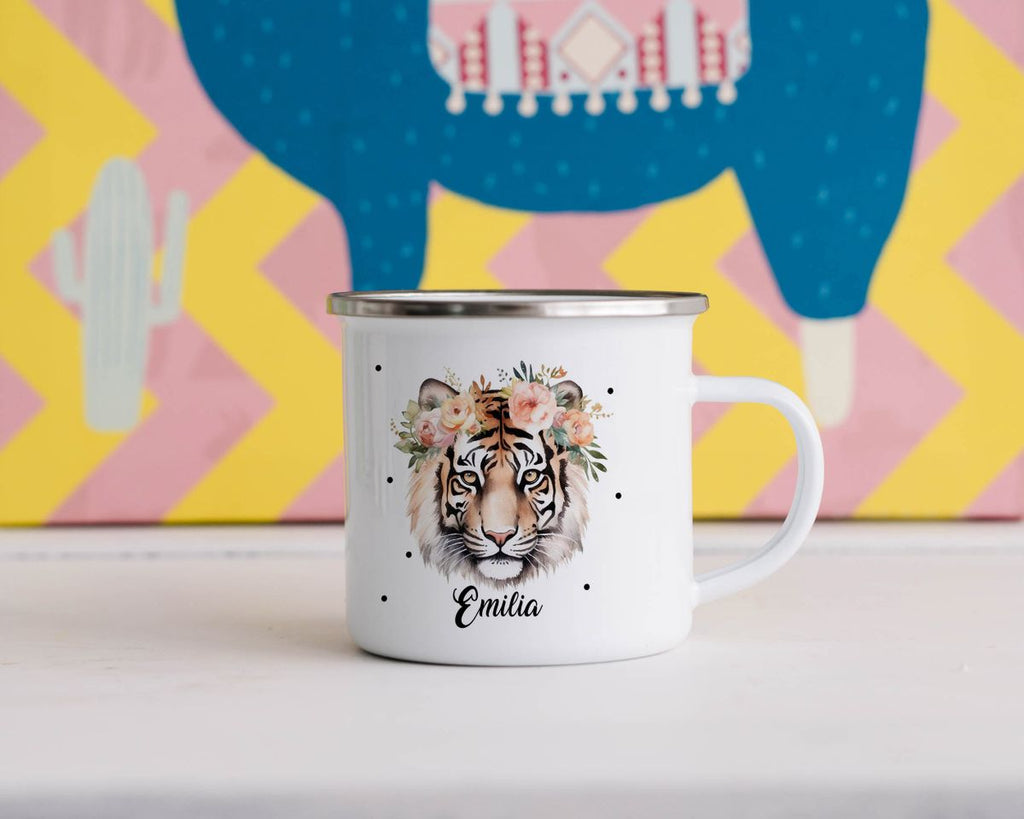 Emaille Tasse Tiger mit Blumen - von Mikalino