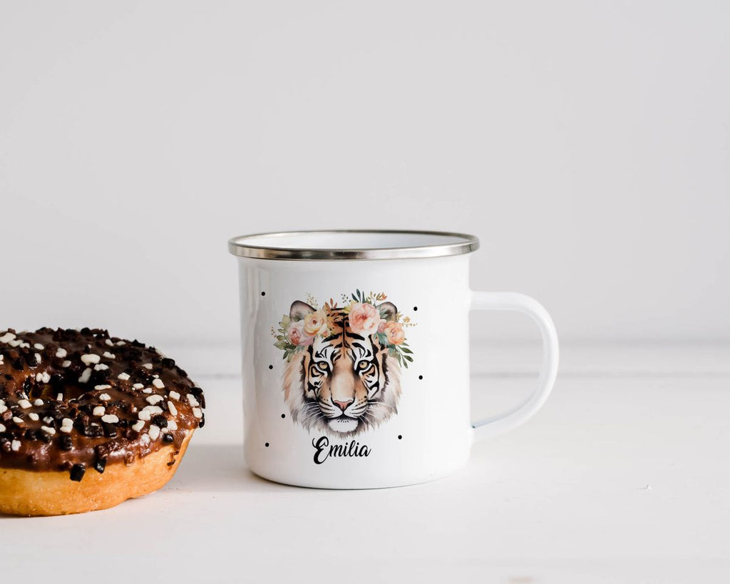 Emaille Tasse Tiger mit Blumen - von Mikalino