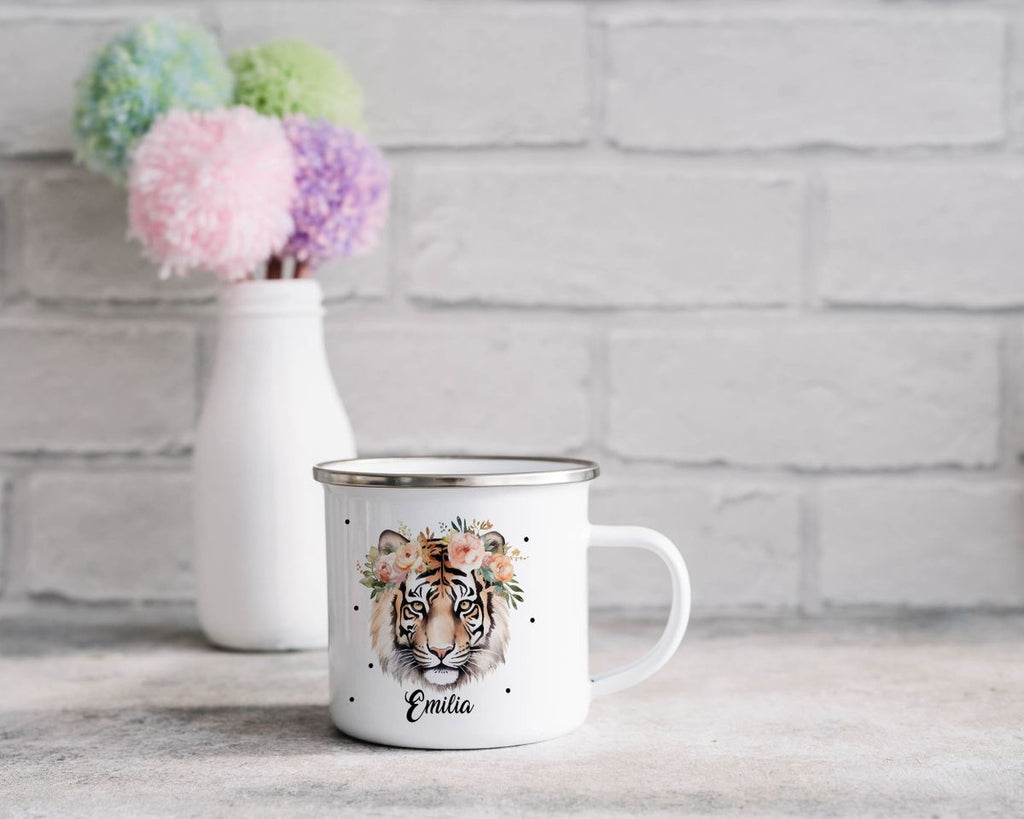 Emaille Tasse Tiger mit Blumen - von Mikalino