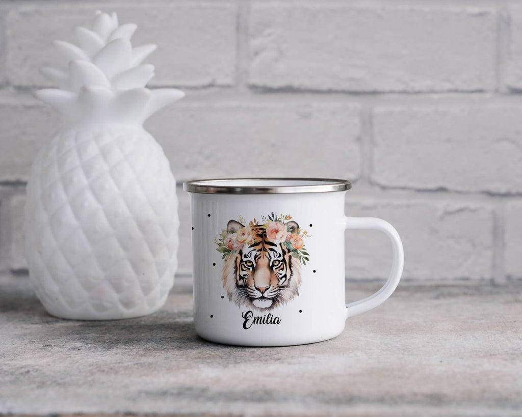 Emaille Tasse Tiger mit Blumen - von Mikalino