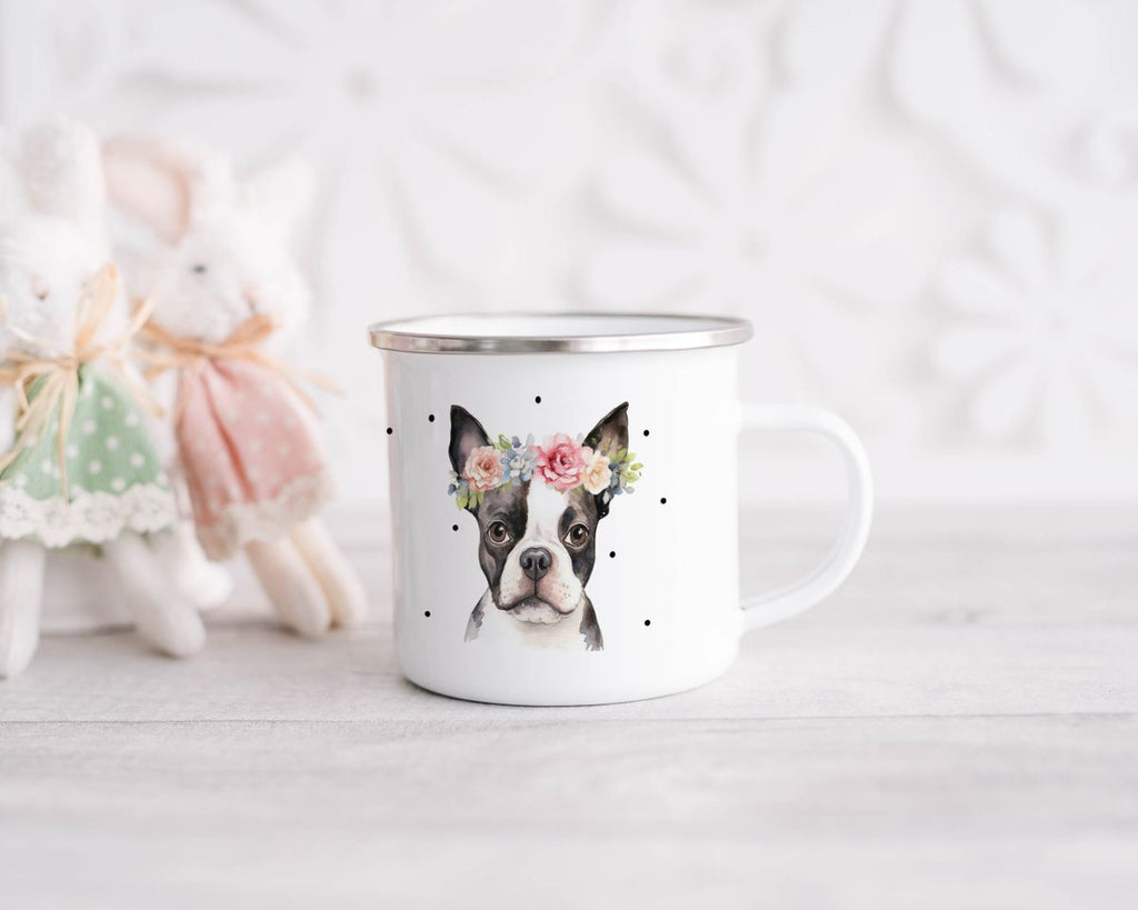 Emaille Tasse Bulldogge mit Blumen - von Mikalino