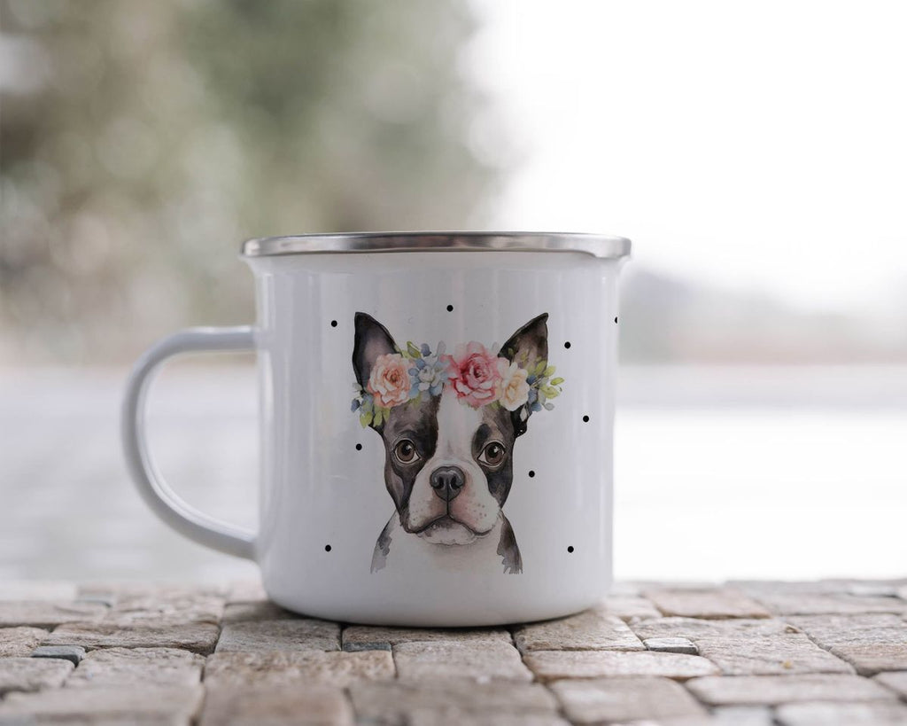 Emaille Tasse Bulldogge mit Blumen - von Mikalino