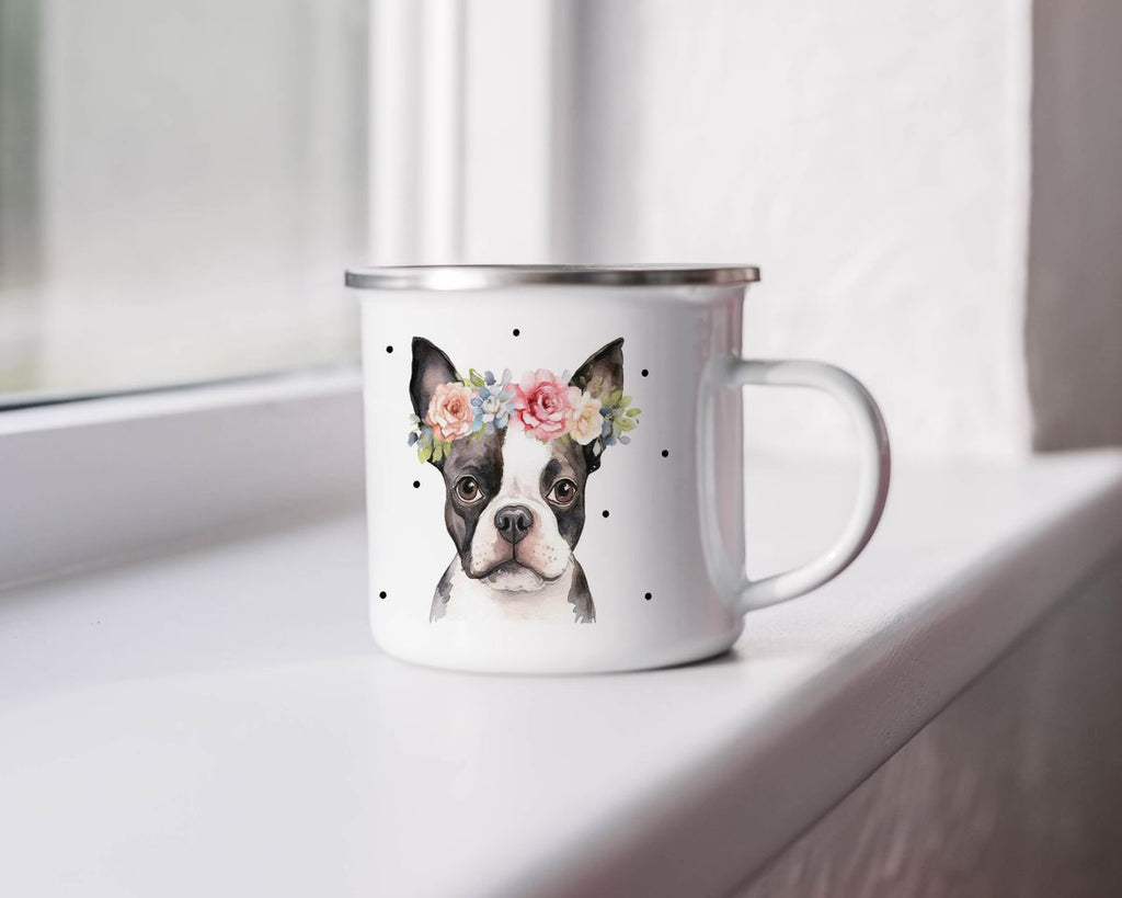 Emaille Tasse Bulldogge mit Blumen - von Mikalino