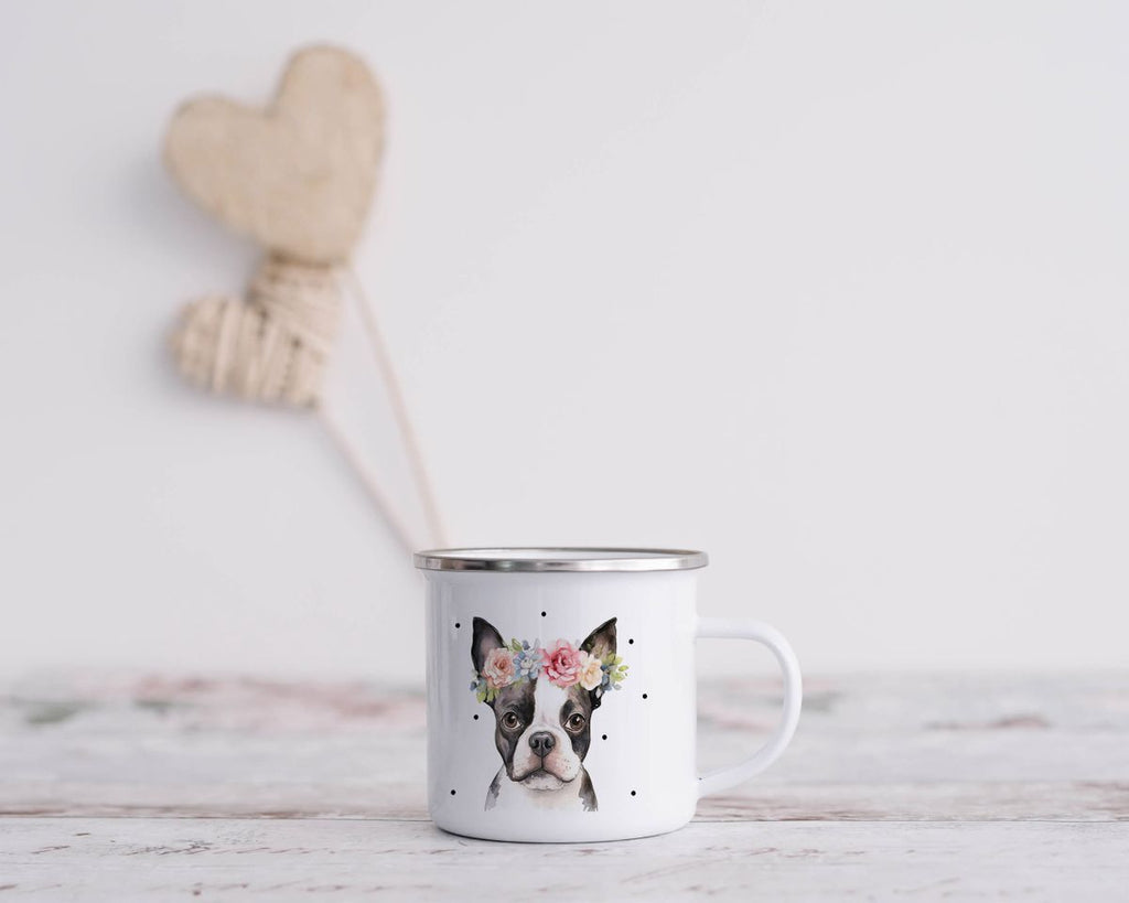 Emaille Tasse Bulldogge mit Blumen - von Mikalino