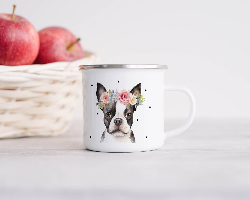 Emaille Tasse Bulldogge mit Blumen - von Mikalino