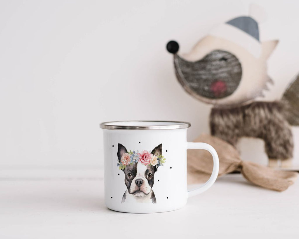 Emaille Tasse Bulldogge mit Blumen - von Mikalino