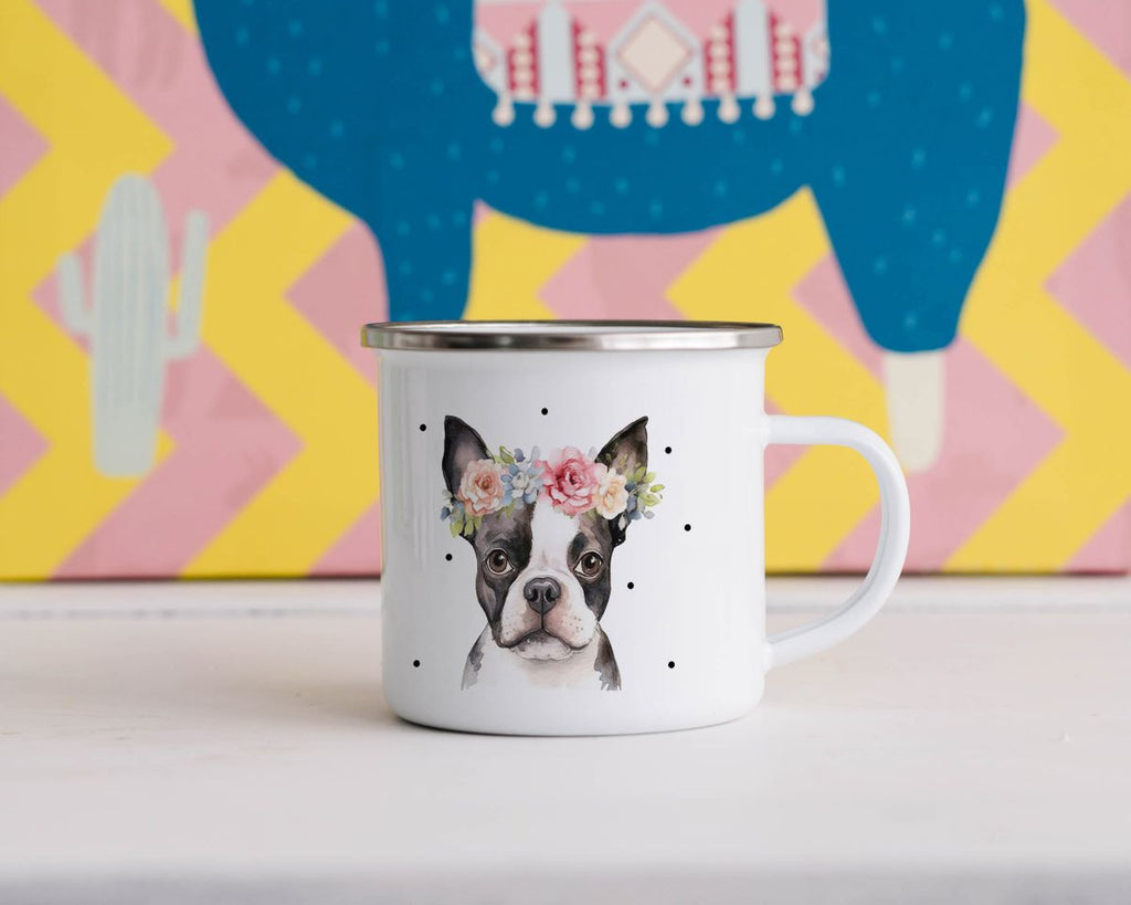 Emaille Tasse Bulldogge mit Blumen - von Mikalino