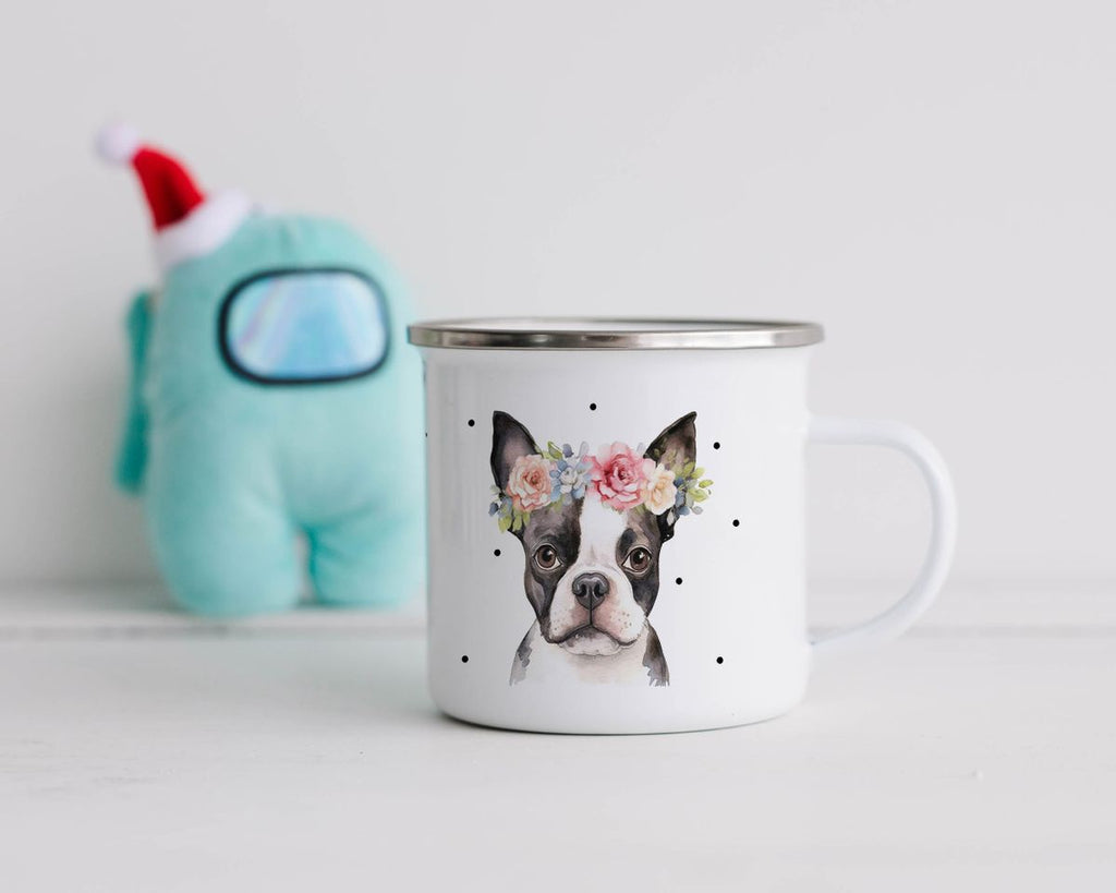 Emaille Tasse Bulldogge mit Blumen - von Mikalino