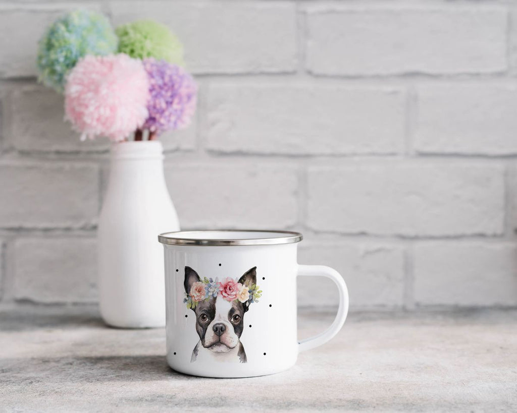 Emaille Tasse Bulldogge mit Blumen - von Mikalino