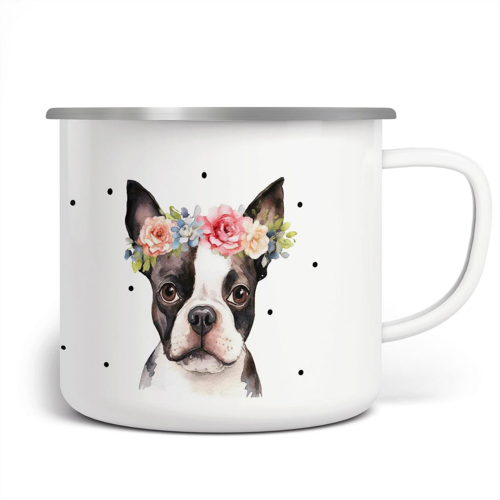 Emaille Tasse Bulldogge mit Blumen - von Mikalino