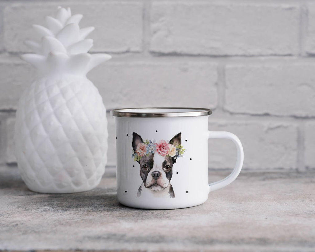 Emaille Tasse Bulldogge mit Blumen - von Mikalino