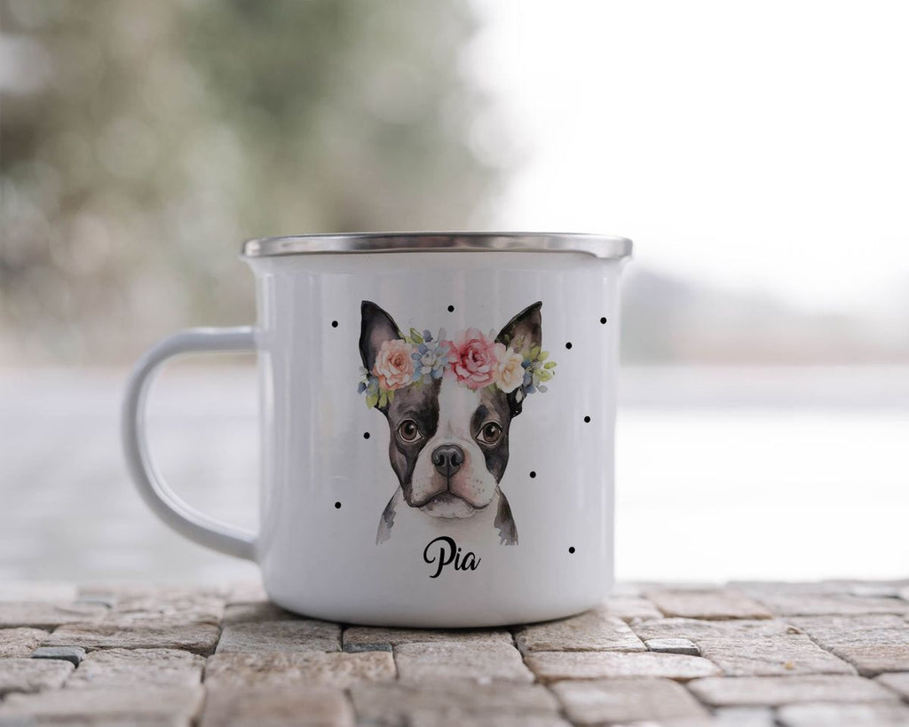 Emaille Tasse Bulldogge mit Blumen - von Mikalino