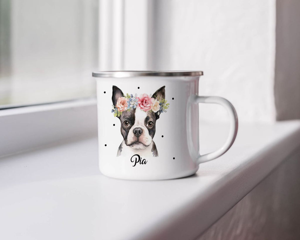 Emaille Tasse Bulldogge mit Blumen - von Mikalino