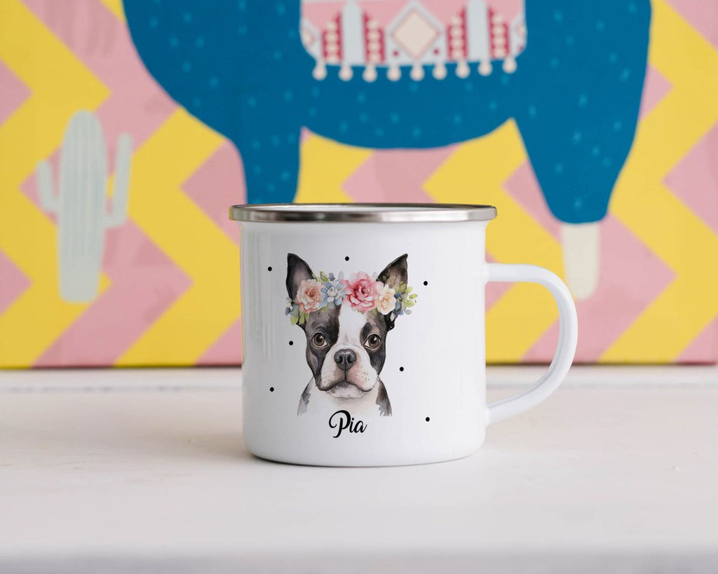 Emaille Tasse Bulldogge mit Blumen - von Mikalino