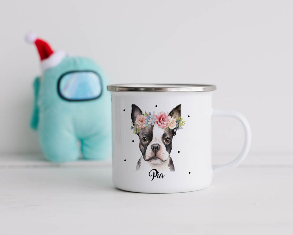 Emaille Tasse Bulldogge mit Blumen - von Mikalino