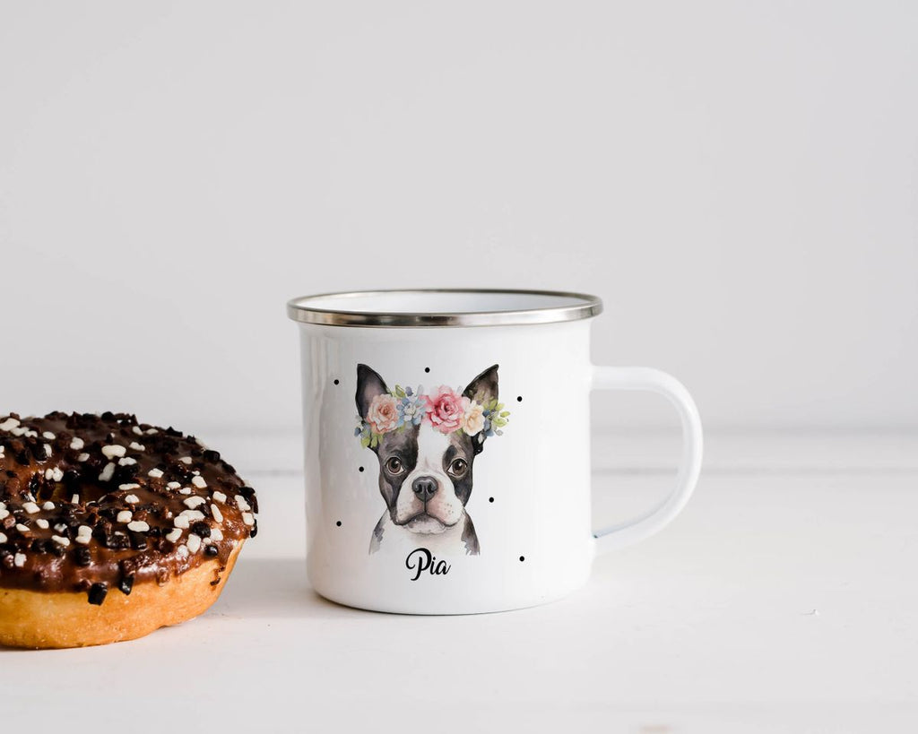 Emaille Tasse Bulldogge mit Blumen - von Mikalino