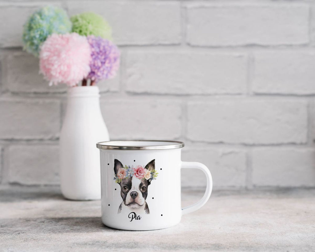 Emaille Tasse Bulldogge mit Blumen - von Mikalino