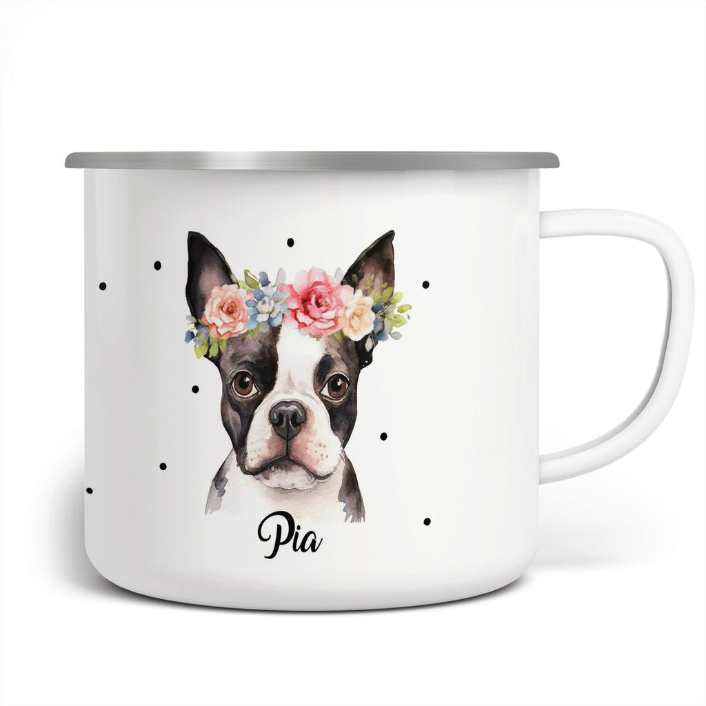 Emaille Tasse Bulldogge mit Blumen - von Mikalino