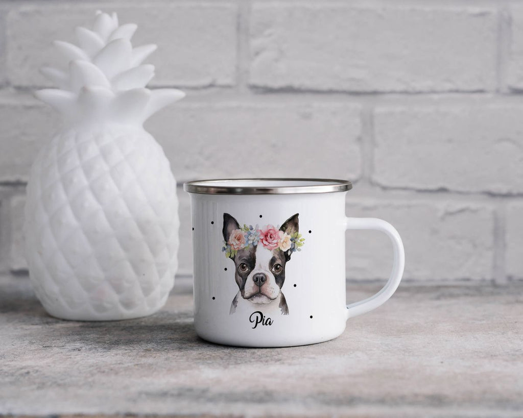 Emaille Tasse Bulldogge mit Blumen - von Mikalino