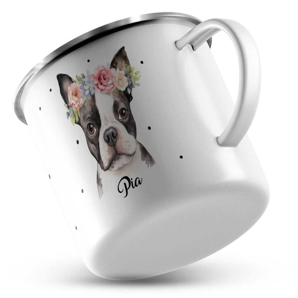 Emaille Tasse Bulldogge mit Blumen - von Mikalino