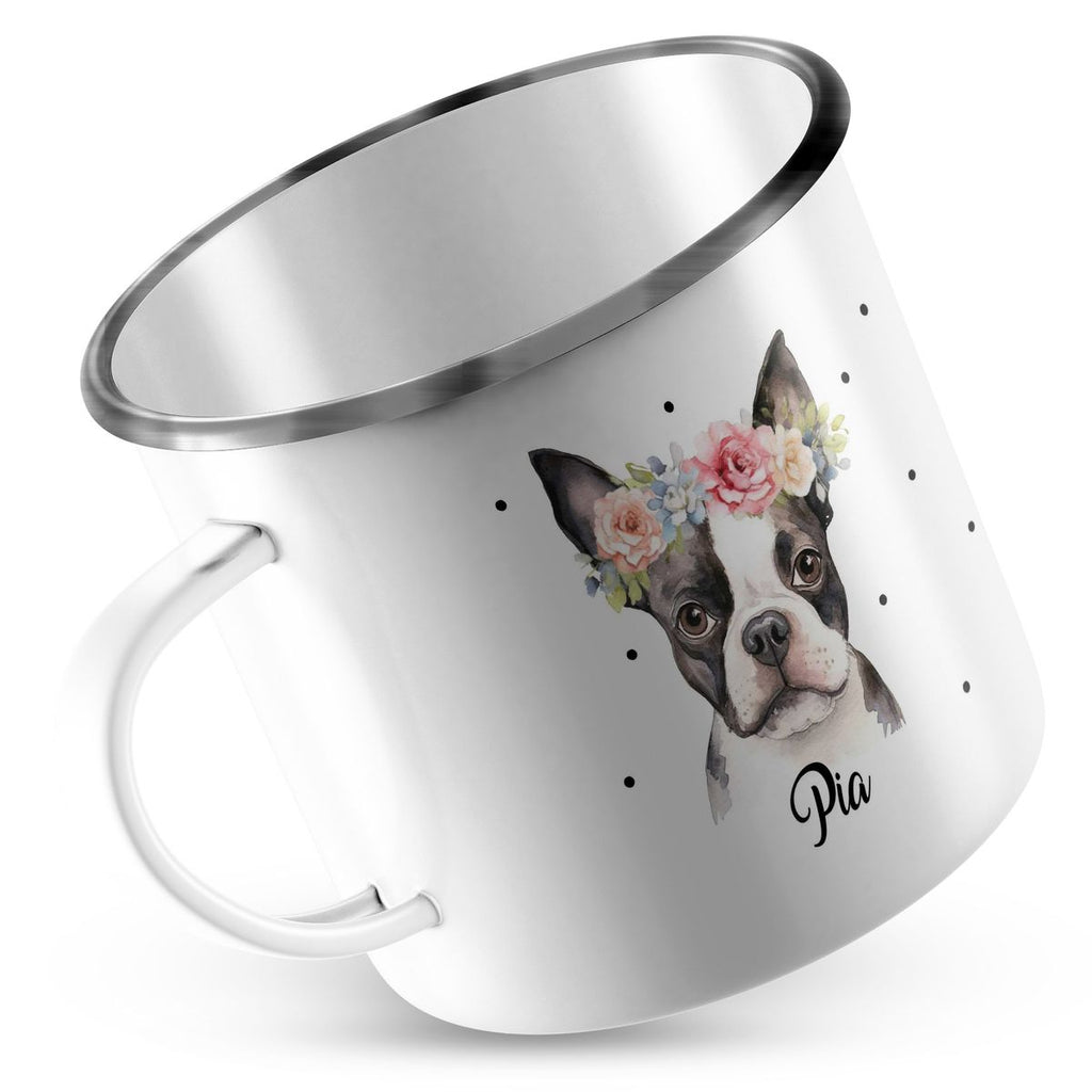 Emaille Tasse Bulldogge mit Blumen - von Mikalino