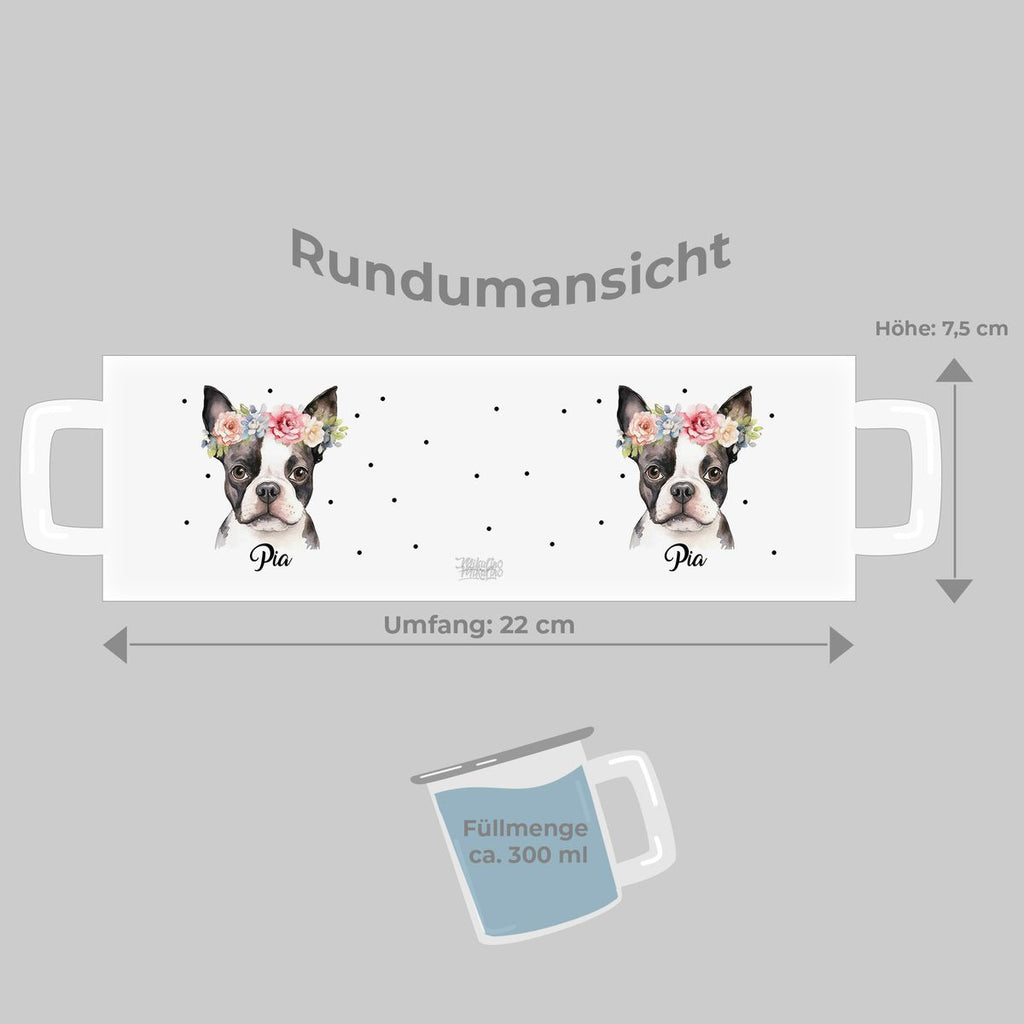 Emaille Tasse Bulldogge mit Blumen - von Mikalino