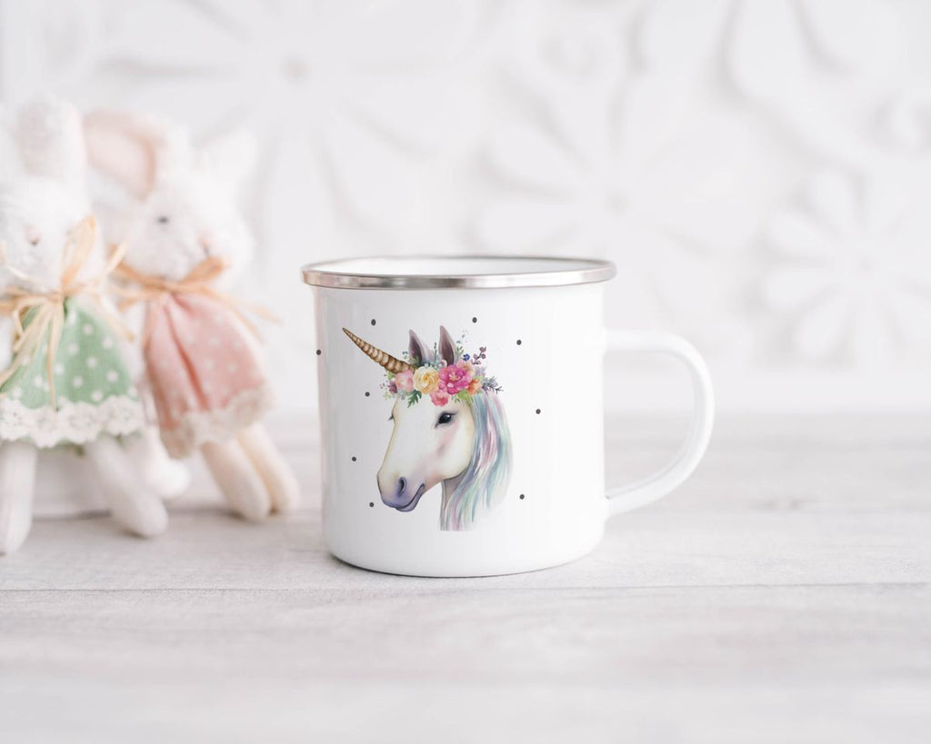 Emaille Tasse Einhorn mit Blumen - von Mikalino