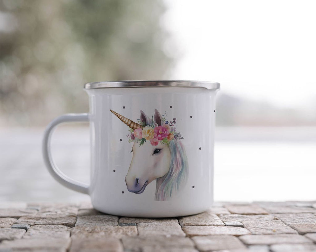 Emaille Tasse Einhorn mit Blumen - von Mikalino