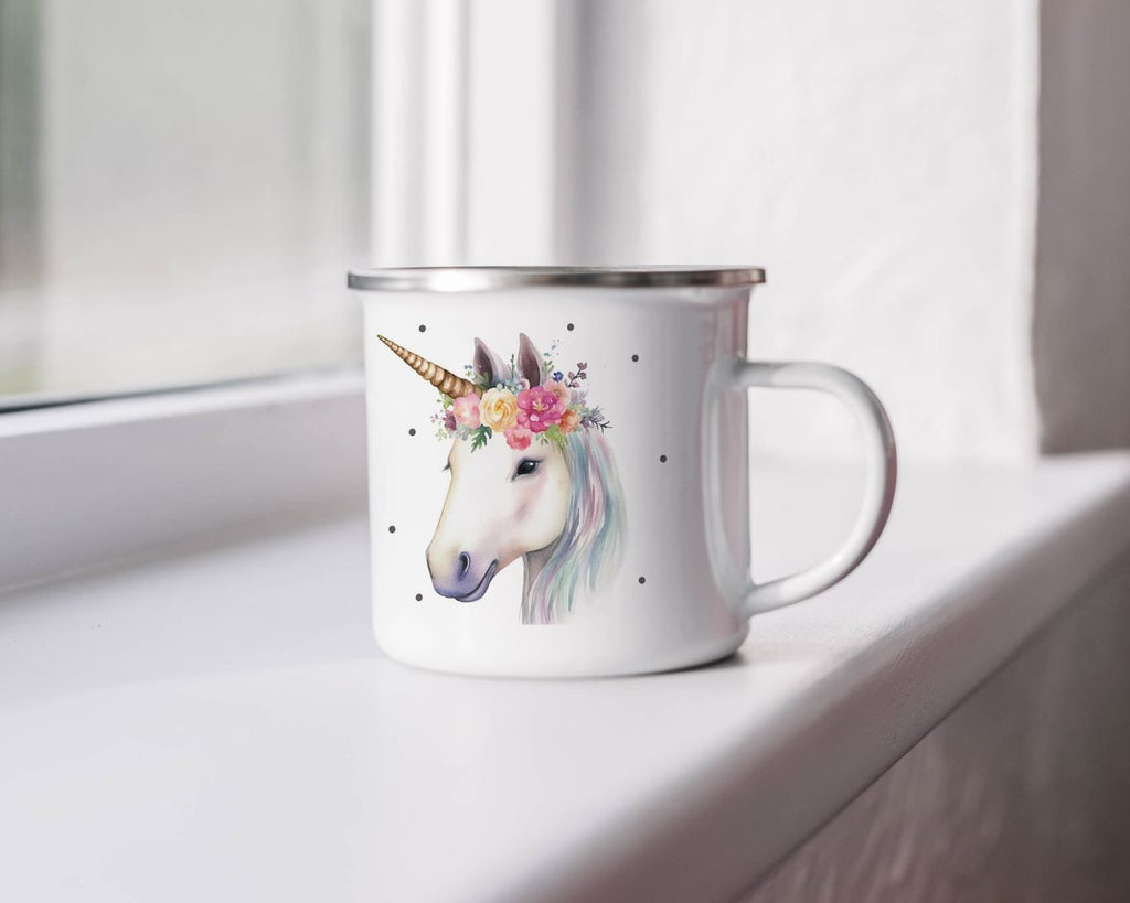 Emaille Tasse Einhorn mit Blumen - von Mikalino