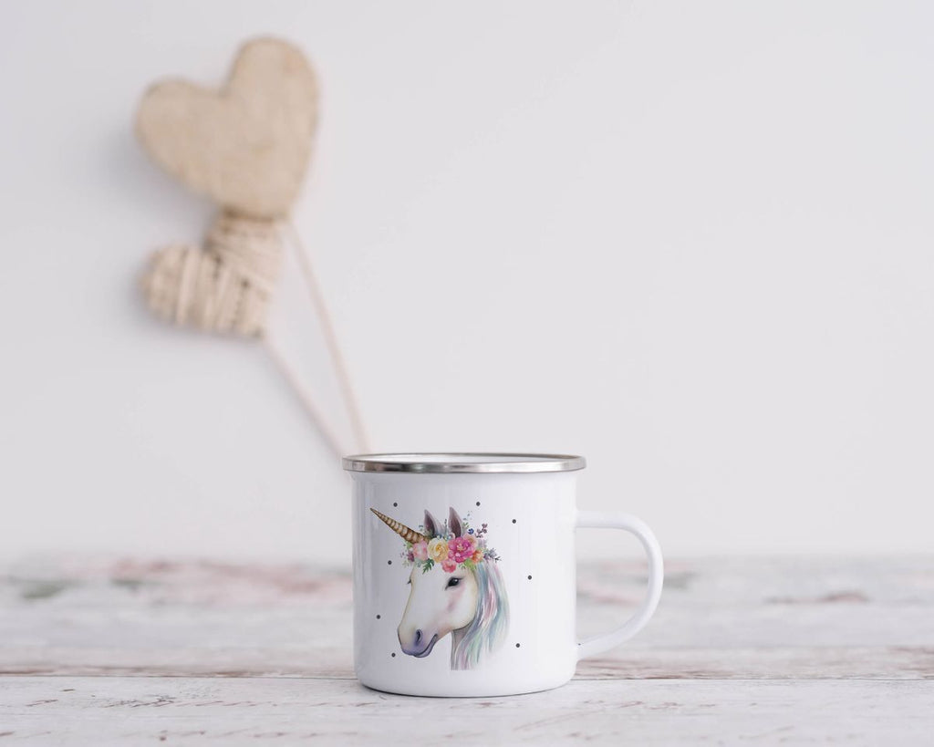 Emaille Tasse Einhorn mit Blumen - von Mikalino