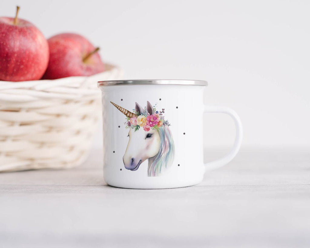 Emaille Tasse Einhorn mit Blumen - von Mikalino