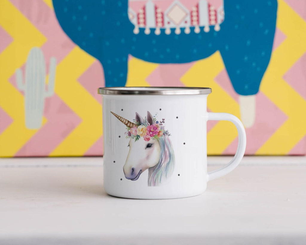 Emaille Tasse Einhorn mit Blumen - von Mikalino