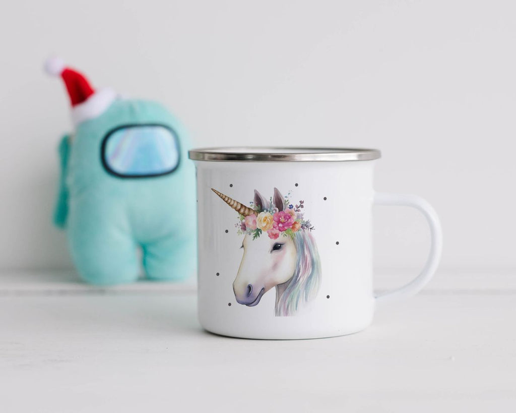 Emaille Tasse Einhorn mit Blumen - von Mikalino