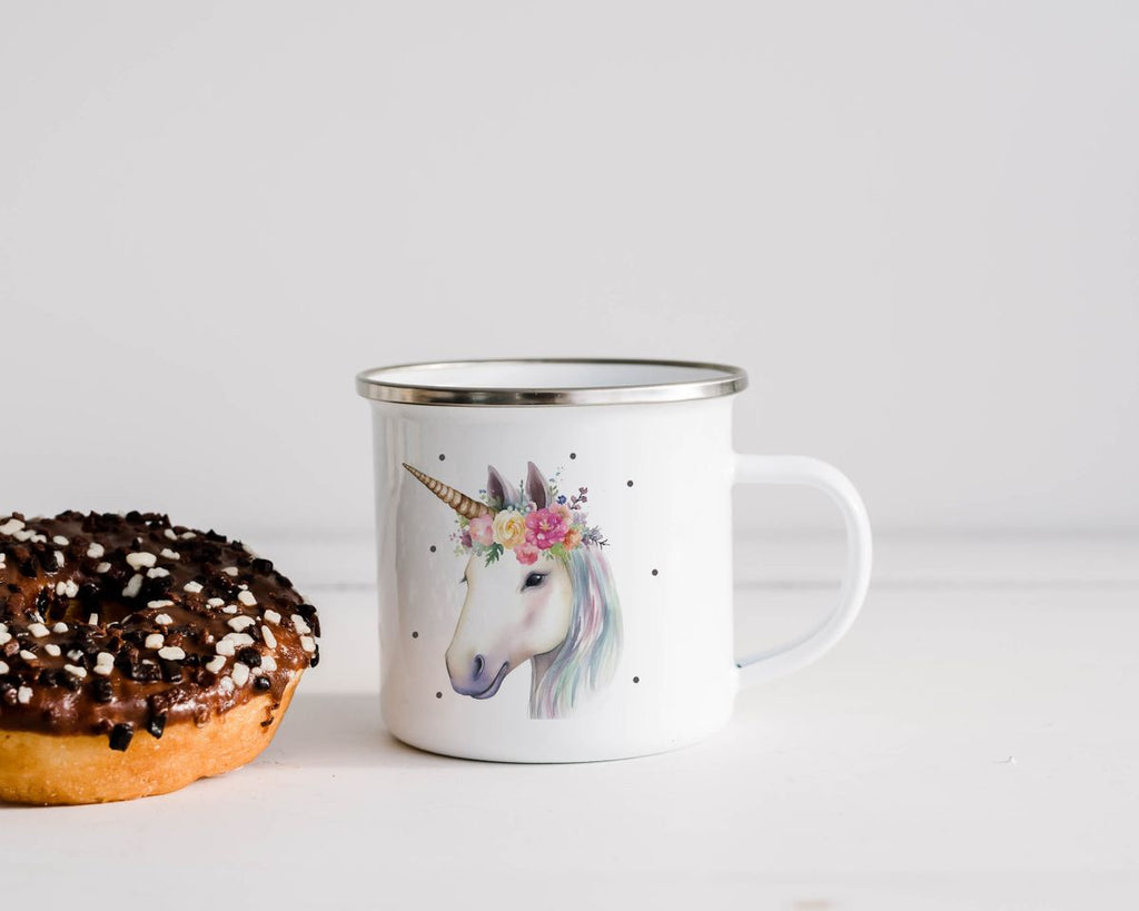 Emaille Tasse Einhorn mit Blumen - von Mikalino