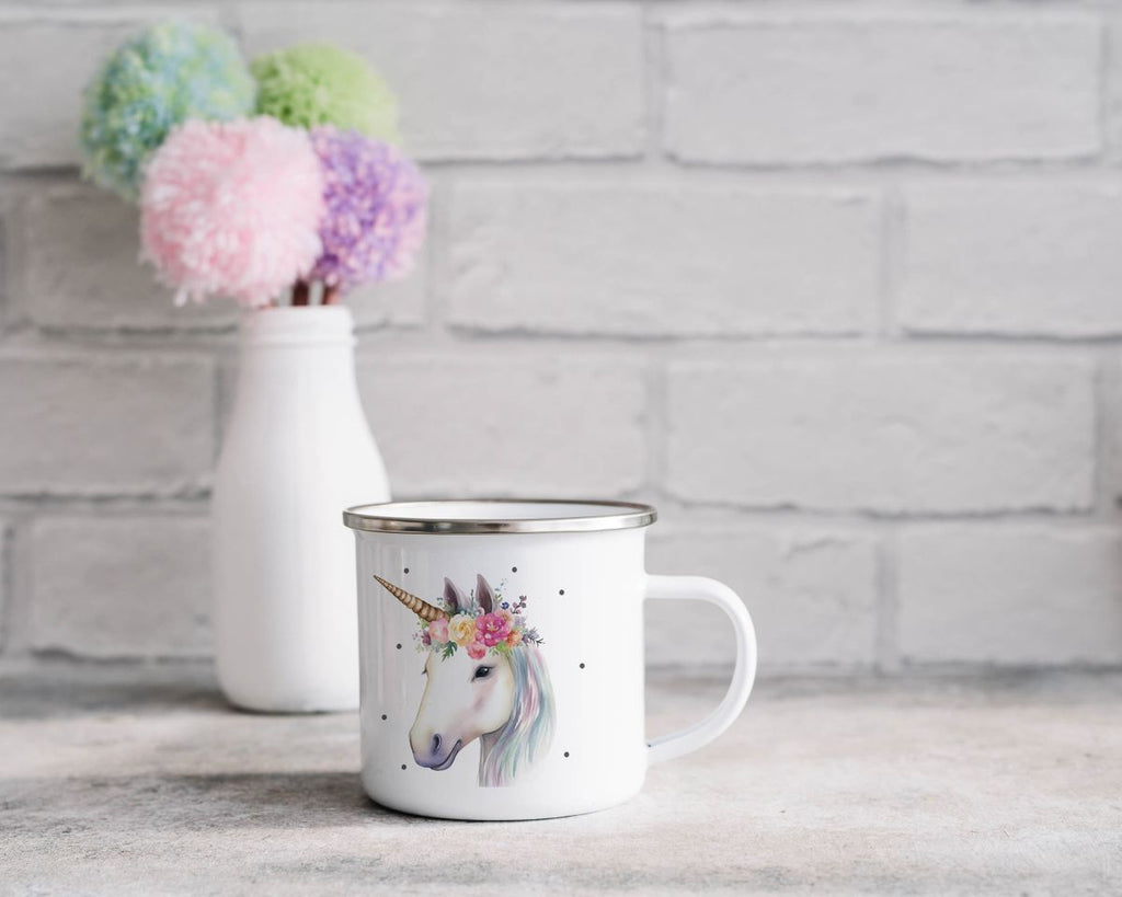 Emaille Tasse Einhorn mit Blumen - von Mikalino