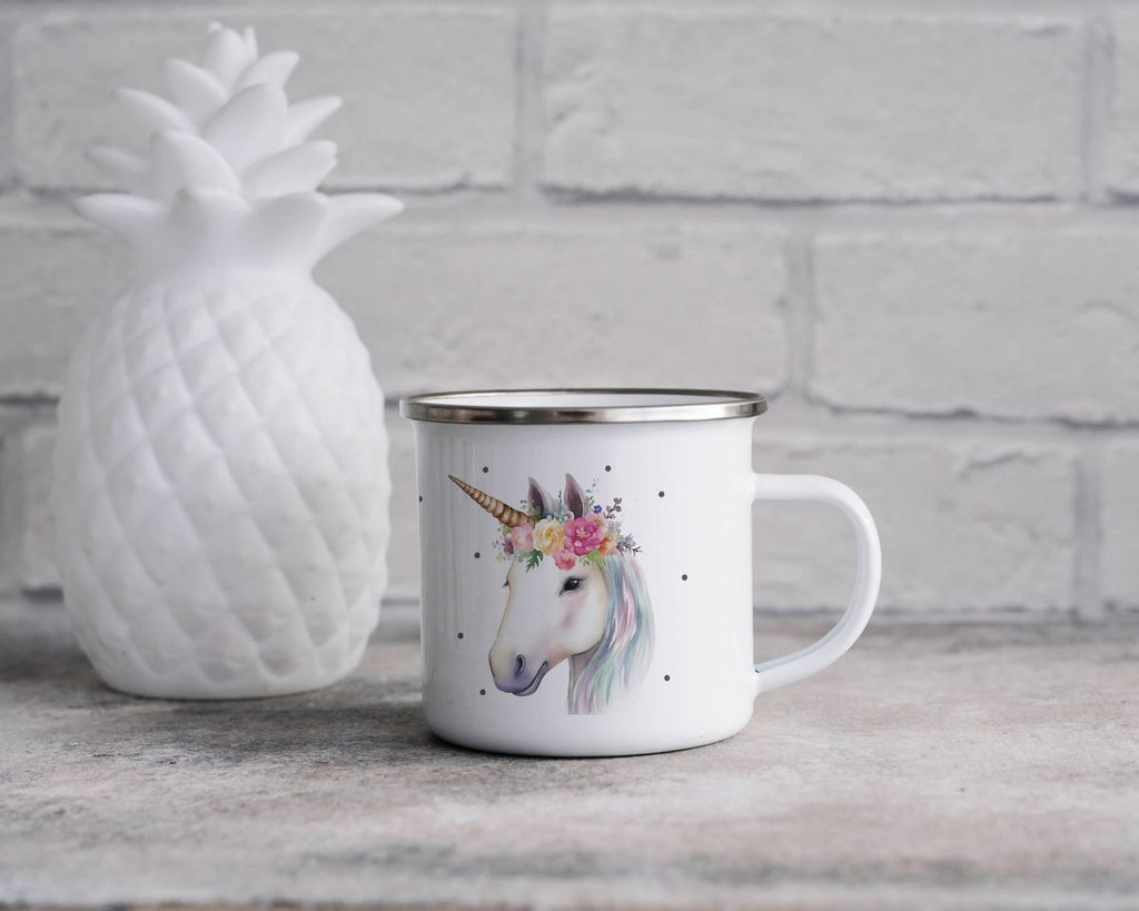 Emaille Tasse Einhorn mit Blumen - von Mikalino