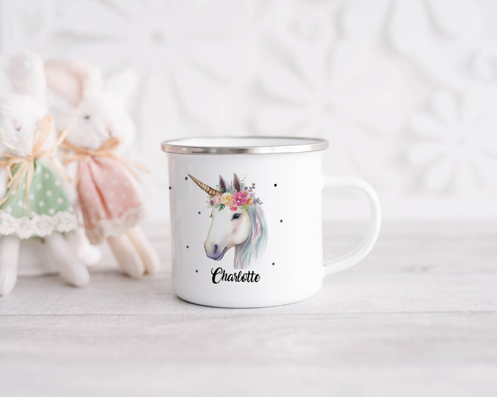 Emaille Tasse Einhorn mit Blumen - von Mikalino