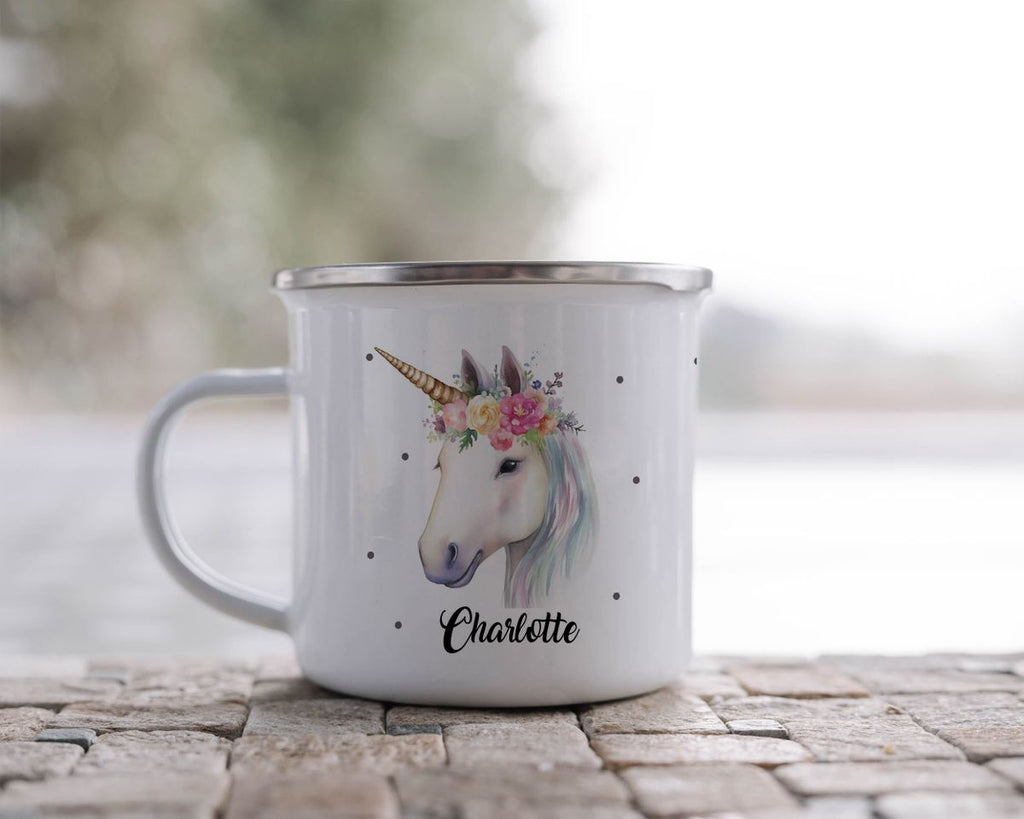 Emaille Tasse Einhorn mit Blumen - von Mikalino