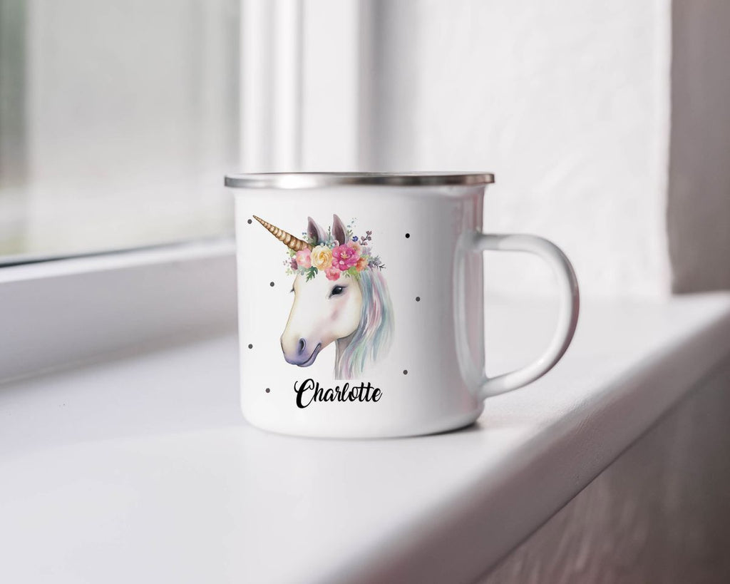 Emaille Tasse Einhorn mit Blumen - von Mikalino