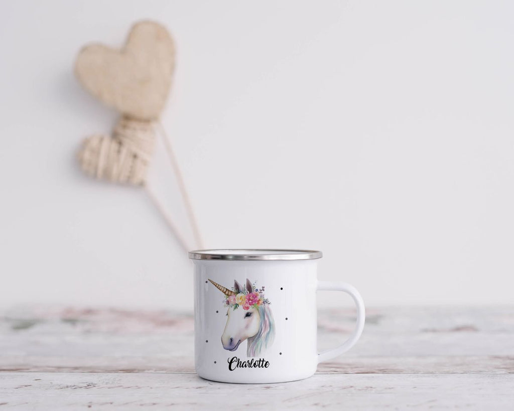 Emaille Tasse Einhorn mit Blumen - von Mikalino