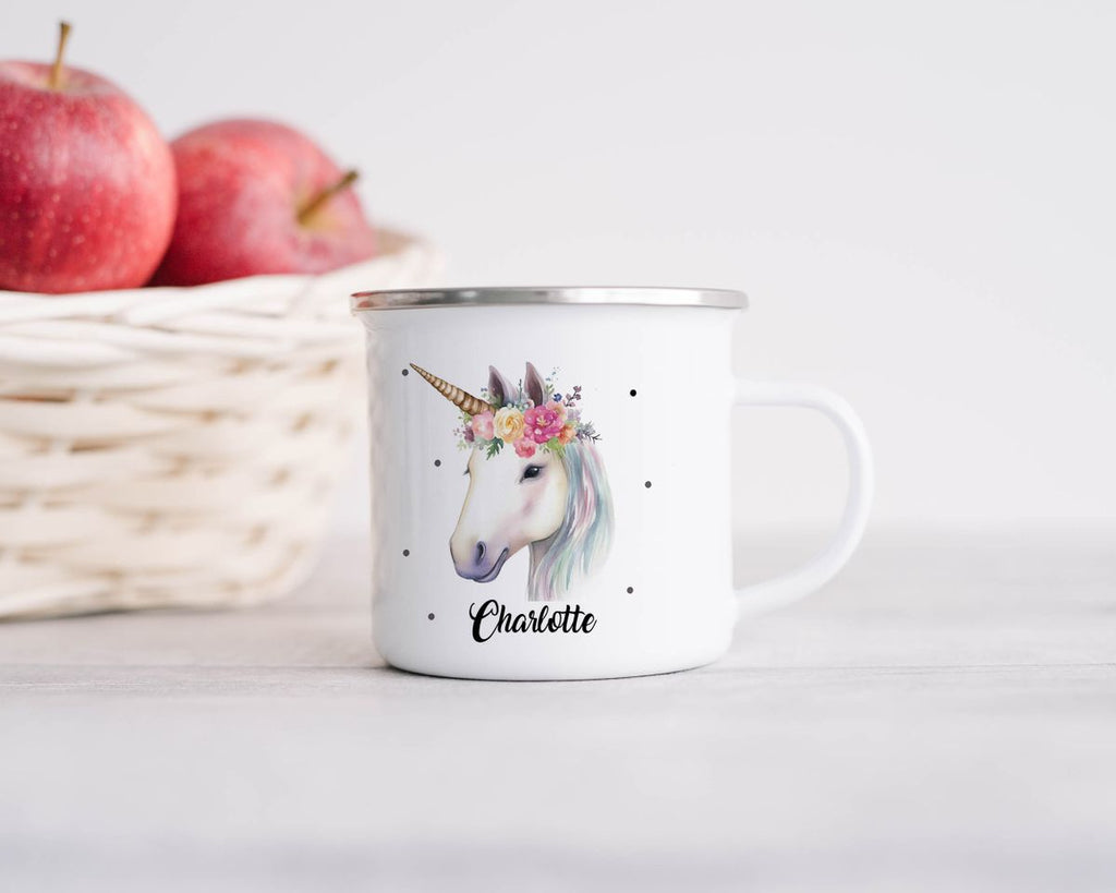 Emaille Tasse Einhorn mit Blumen - von Mikalino