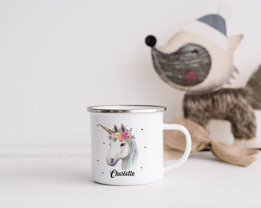 Emaille Tasse Einhorn mit Blumen - von Mikalino