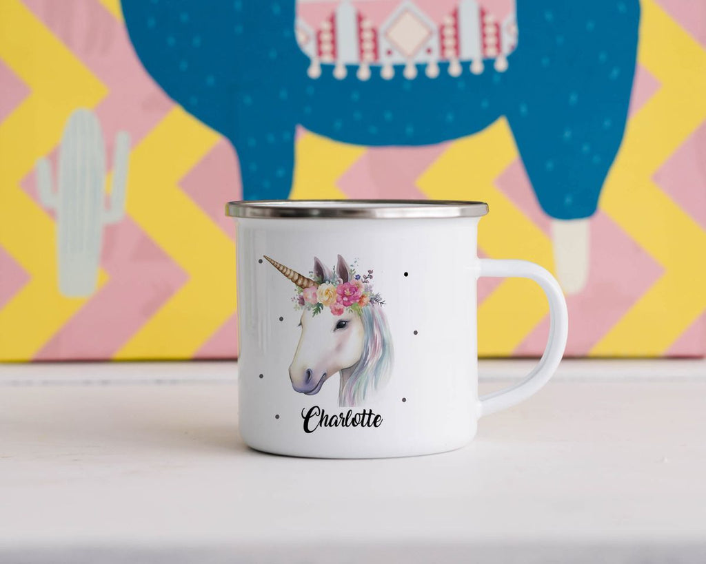 Emaille Tasse Einhorn mit Blumen - von Mikalino